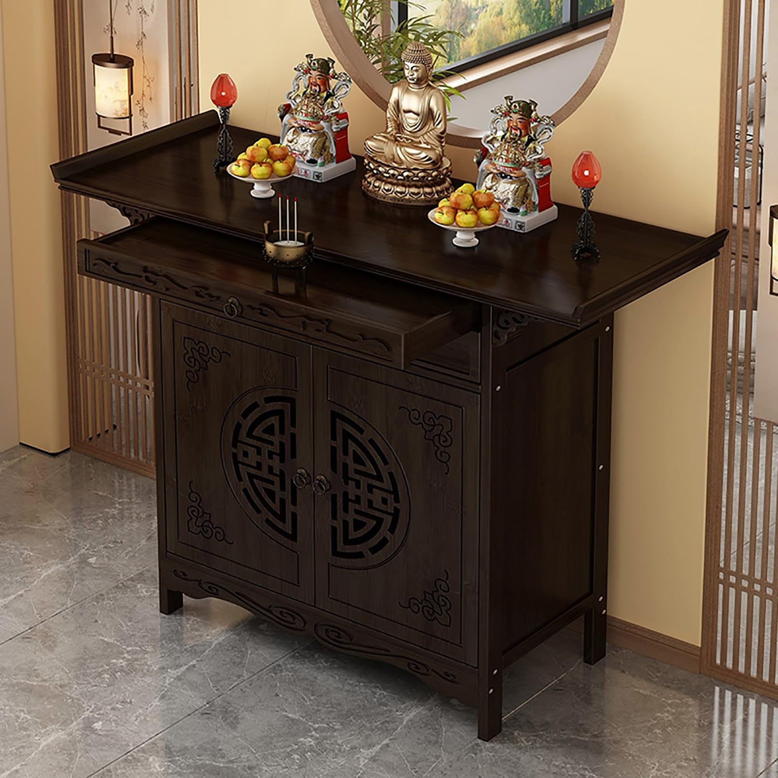 Moderner Gebetsaltar, Meditationstisch mit Stauraum, Gebetsschrank für Zuhause, für Puja, Wahrsagerei, Anbetung, zur Präsentation von Gefäßen, Pflanzen und Büchern (120 x 40 x 100 cm / 47,5 x 16 x 3
