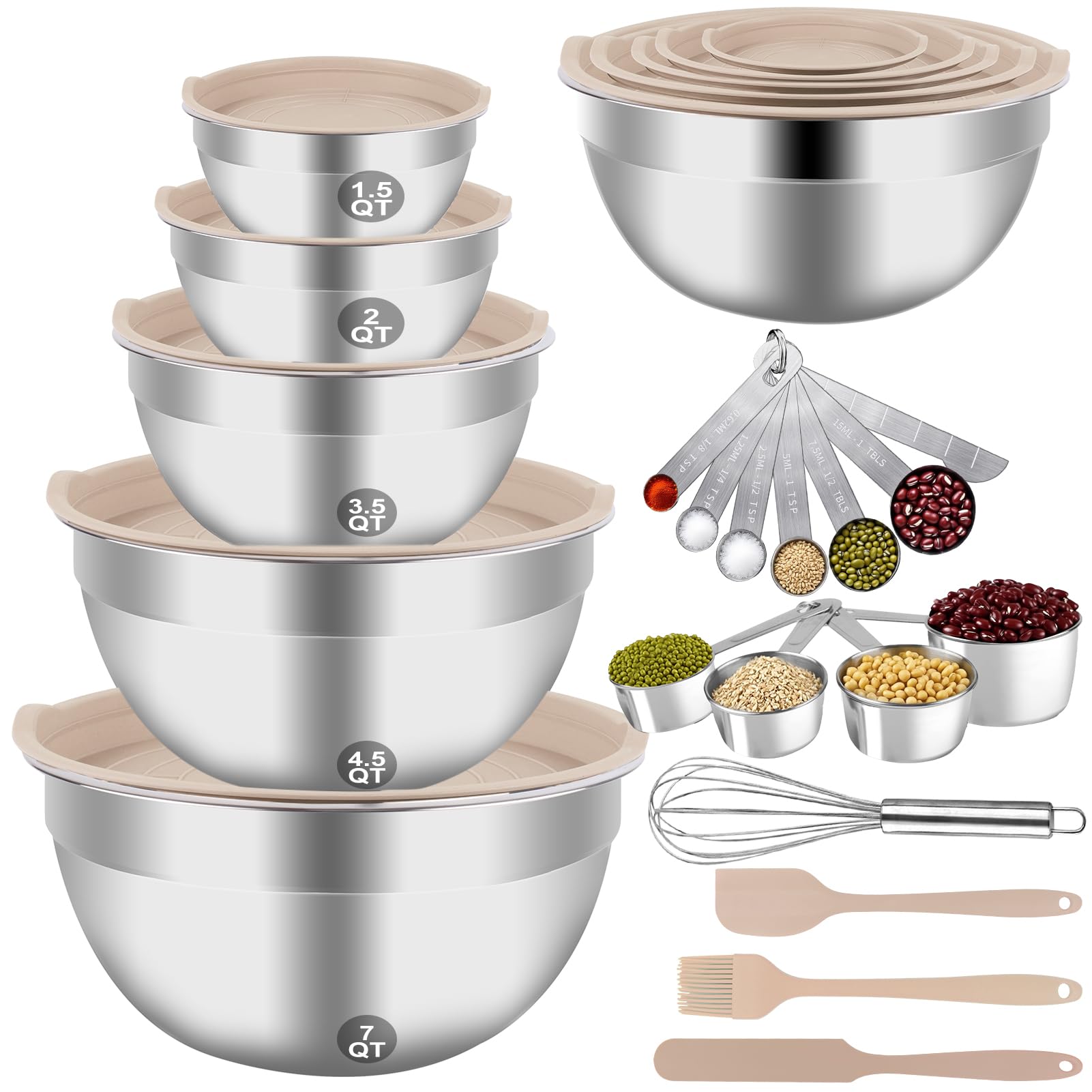 Mixing Bowls with Airtight Lids, 27Pcs Stainless Steel Bowls Set, Kitchen Accessories Utensils Khaki Metal Nesting Bowl, Measuring Cups and Spoons for Prepping Cooking Serving Baking