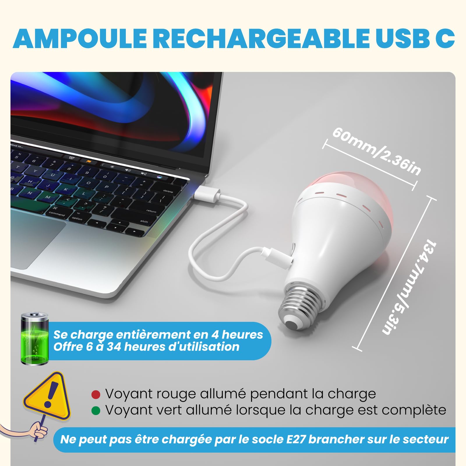 Ampoule Rechargeable E27 avec Télécommande, 3 Températures de Couleur Dimmable Ampoule Batterie Sans fil Rechargeable USB-C pour Urgence, Lampe de Camping, Usage extérieur(Lot de 2)