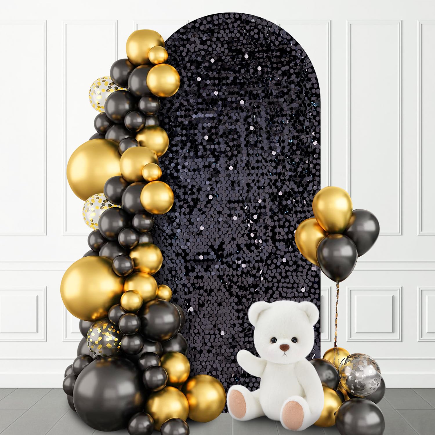 SaitiMade 7.2 FT Bling Arch Backdrop Cover, Black Sequin Wedding Arch Stand Cover, Round Top Fitted Chiara Backdrop Cover for Birthday Party Ceremony