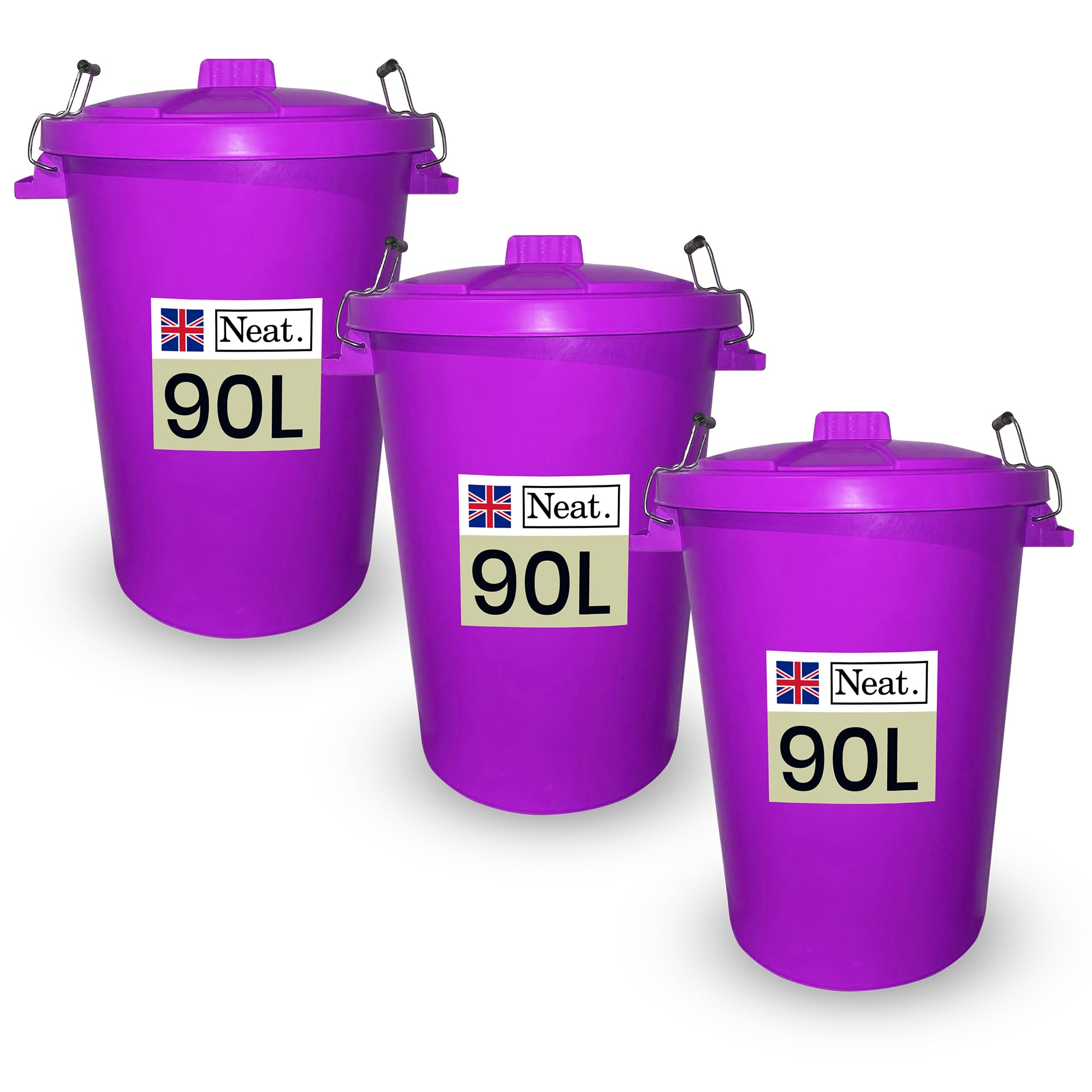 Neat. Heavy Duty Kitchen Bin with Lid - 90L Large Plastic Purple Bin, Outdoor/Indoor Dustbin, Metal Handle, 3Pack