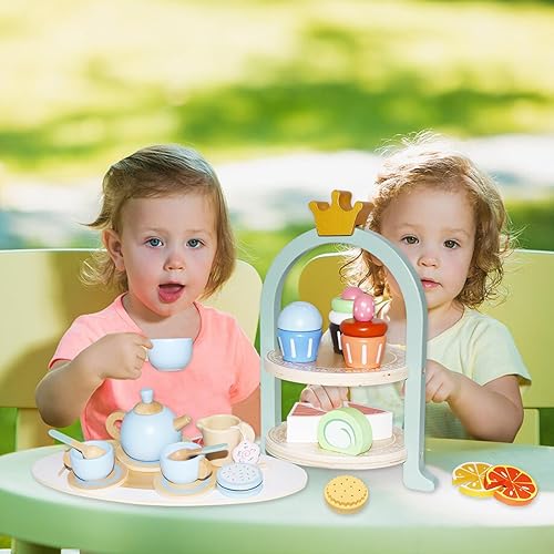 Miniatura 7 de Juego de fiesta de té de madera para niñas pequeñas, 28 piezas de juguetes de madera con soporte para cupcakes y accesorios de juego de simulación