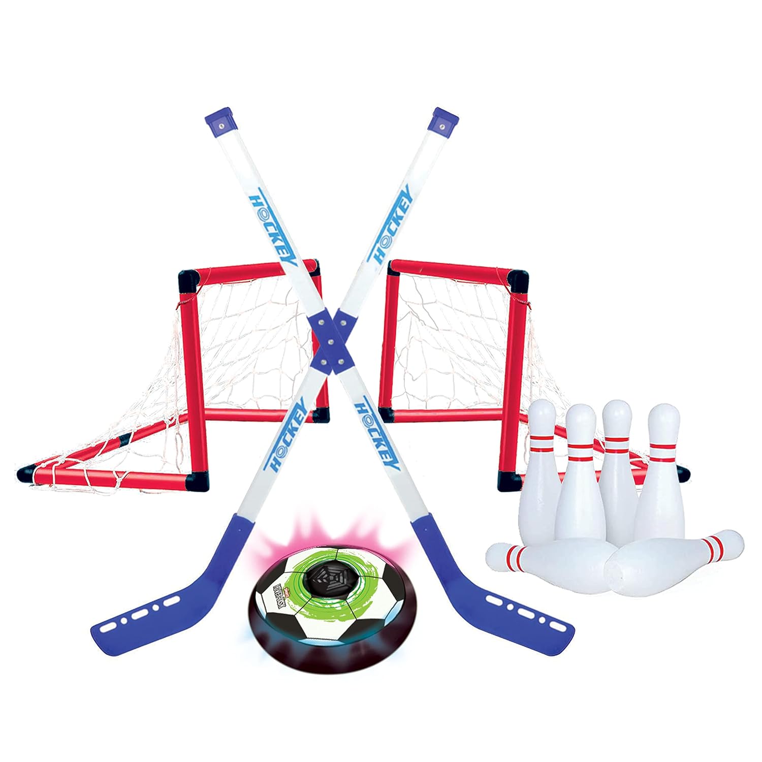 Hover Hockey, Soccer, Bowling 3-in-1 Sports Set! Safe Indoor Game, 6 Bowling Pins, 2 Hockey Sticks, 2 Goals, 1 Hover Disk, Glides on Any Smooth/Flat Surface, Indoors or Outdoors, Multicolored