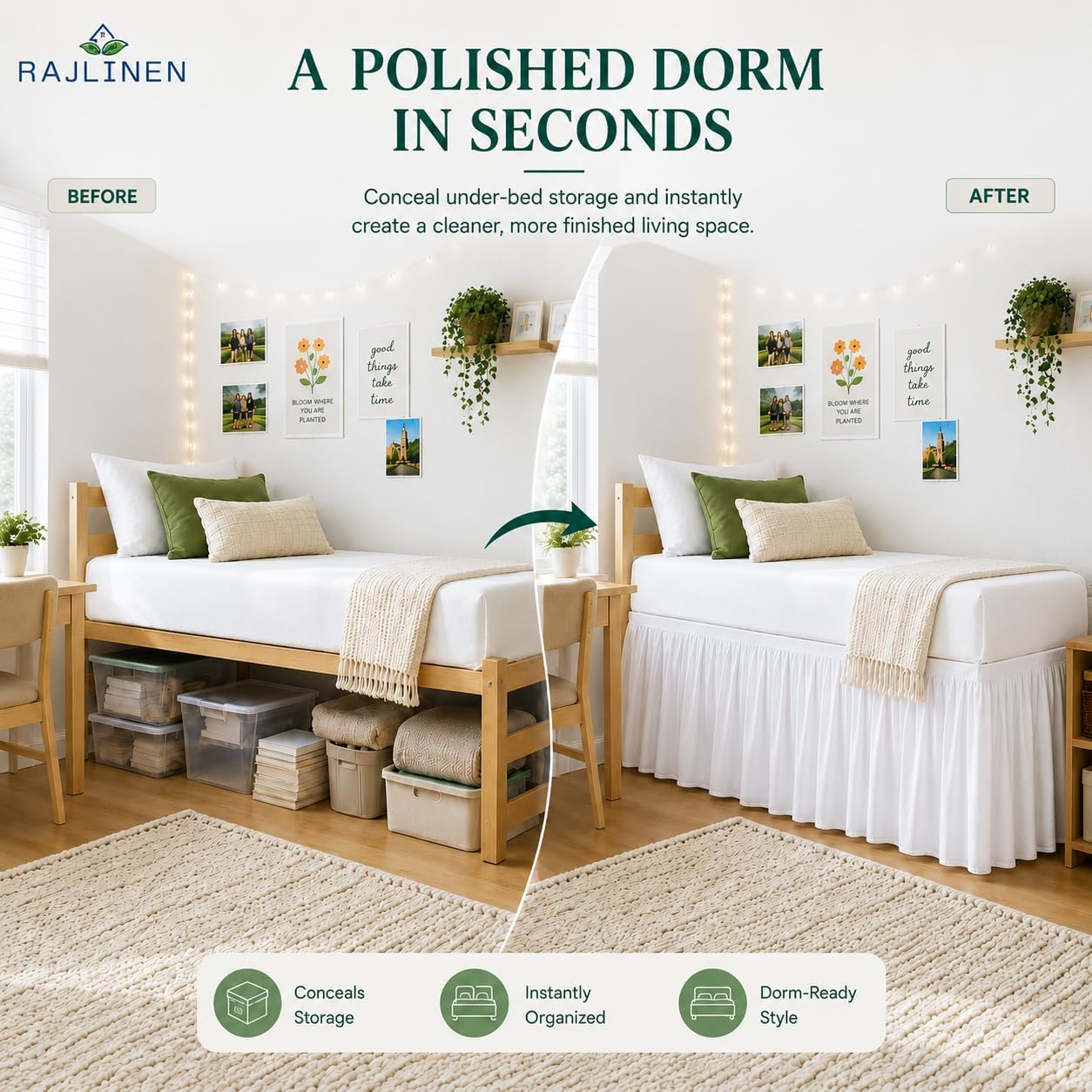 Rajlinen Extra Long Dorm Bed Skirt, 46" Tailored Drop Dust Ruffle, 100% Microfiber, Wrinkle-Resistant, Easy Fit College Bedding Essential Perfect for Lofted Beds, Twin XL, White