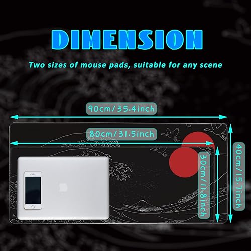 Miniatura 4 de Tapete de escritorio, negro estilo japonés ondulado y sol rojo extendido, alfombrilla grande de 31.5 x 11.8 pulgadas, alfombrilla de mouse grande