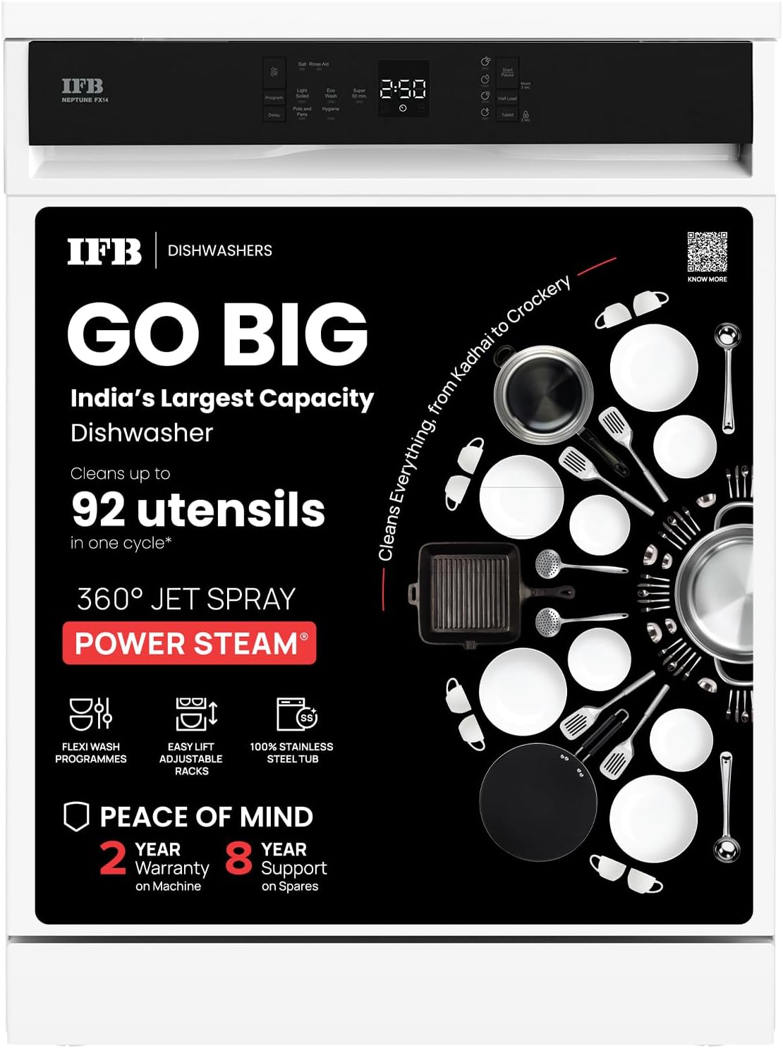 IFB 14 Place Settings with DeepClean® Technology Freestanding Dishwasher (Neptune FX14, White, 70° Hot Water Wash with Hygienic Steam Drying, Perfect for Indian Utensils)