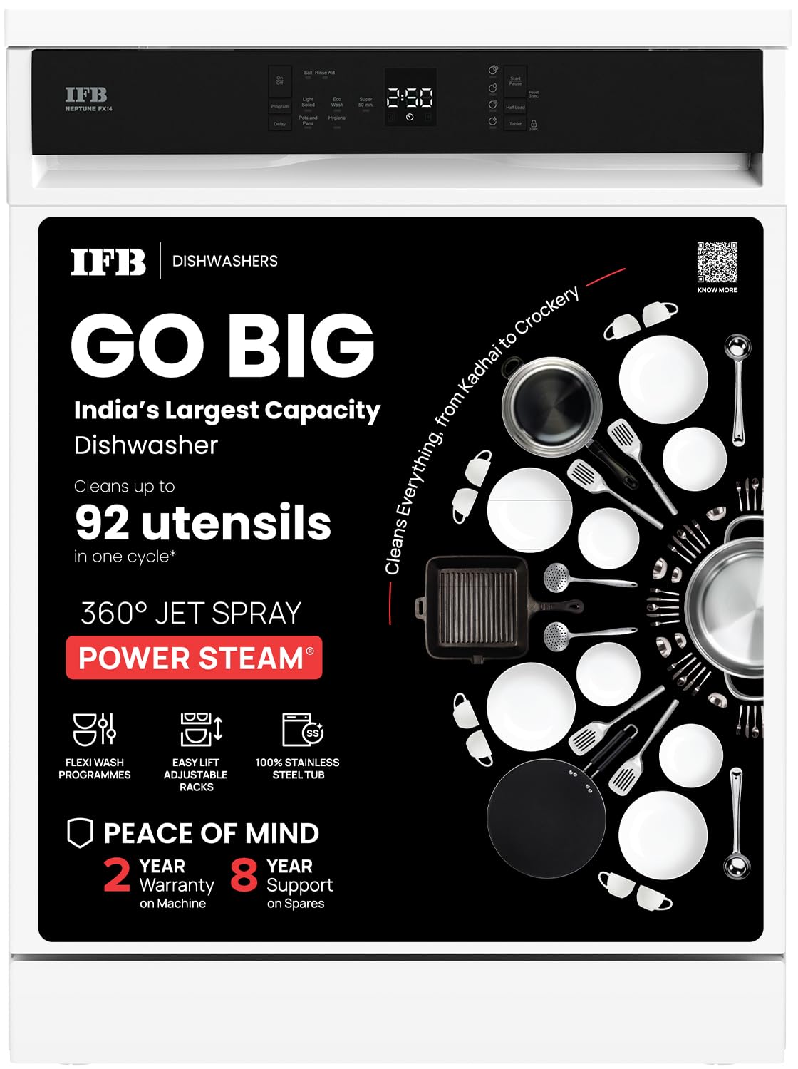 IFB 14 Place Settings with DeepClean® Technology Freestanding Dishwasher (Neptune FX14, White, 70° Hot Water Wash with Hygienic Steam Drying, Perfect for Indian Utensils)