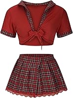 Vista 6 de Borniu Lencería para mujer, juego de rol, lencería sexy para estudiantes, disfraz de estudiante transparente con lazo frontal y falda a cuadros