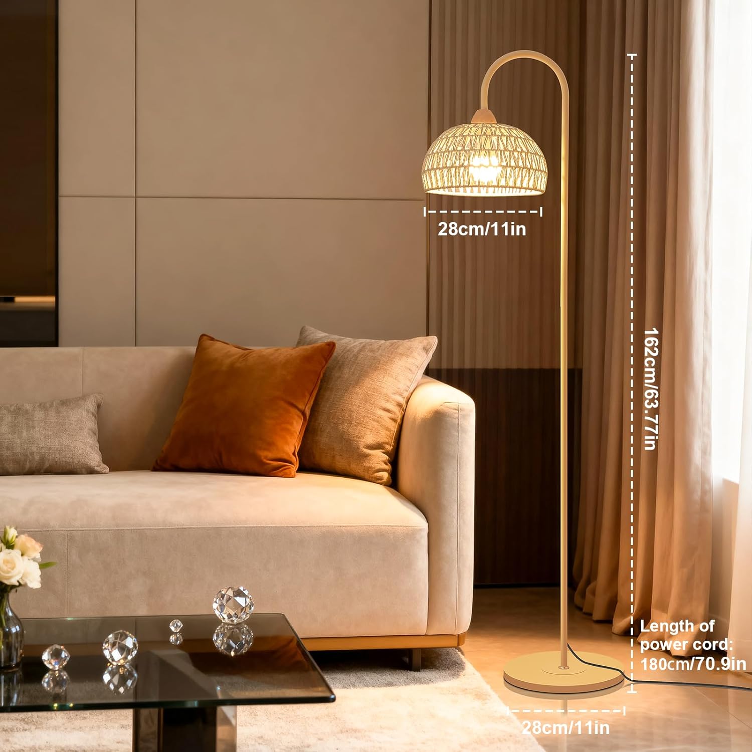 Boho Floor Lamp with Rattan Shade, 72-inch Tall Dimmable Standing Lamp, 12-watt 3-Color LED Bulb Included, Modern Standing Light for Living Room Bedroom Office Corner Reading, Cream White