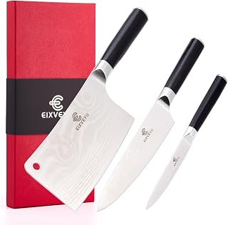 Küchenmesser Set,Metzgermesser Kochmesser und Obstmesser 3-teiliges Set,Professionelles Küchenmesser,Damaskus-Muster-Gemüsemesser Fleischmesser Schälmesser, Holzgriff,Geschenkbox