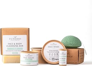 J&L Naturals Simple Skin Regimen Kit With Cleansing Bar, Face Salve, Konjac Sponge, Lip Balm | For Sensitive and Acne-Prone Skin | Zero Waste (Calm (sensitive, acne-prone skin), Exceptional)