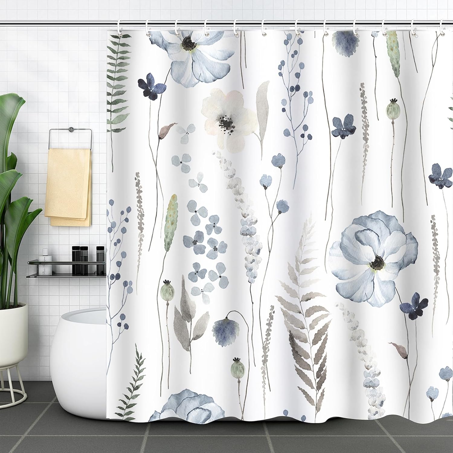 Blue Floral Shower Curtain, Blue Beige Flower Shower Curtains for Bathroom Modern Minimalist Waterproof Fabric Bath Curtain 72x72 Inch with 12 Plastic Hooks