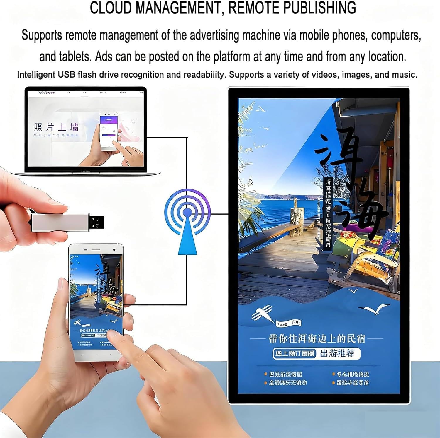 Lettore multimediale per segnaletica digitale con connettività HDMI, USB e WiFi per TV e monitor, con riproduzione automatica e commutazione orientamento schermo