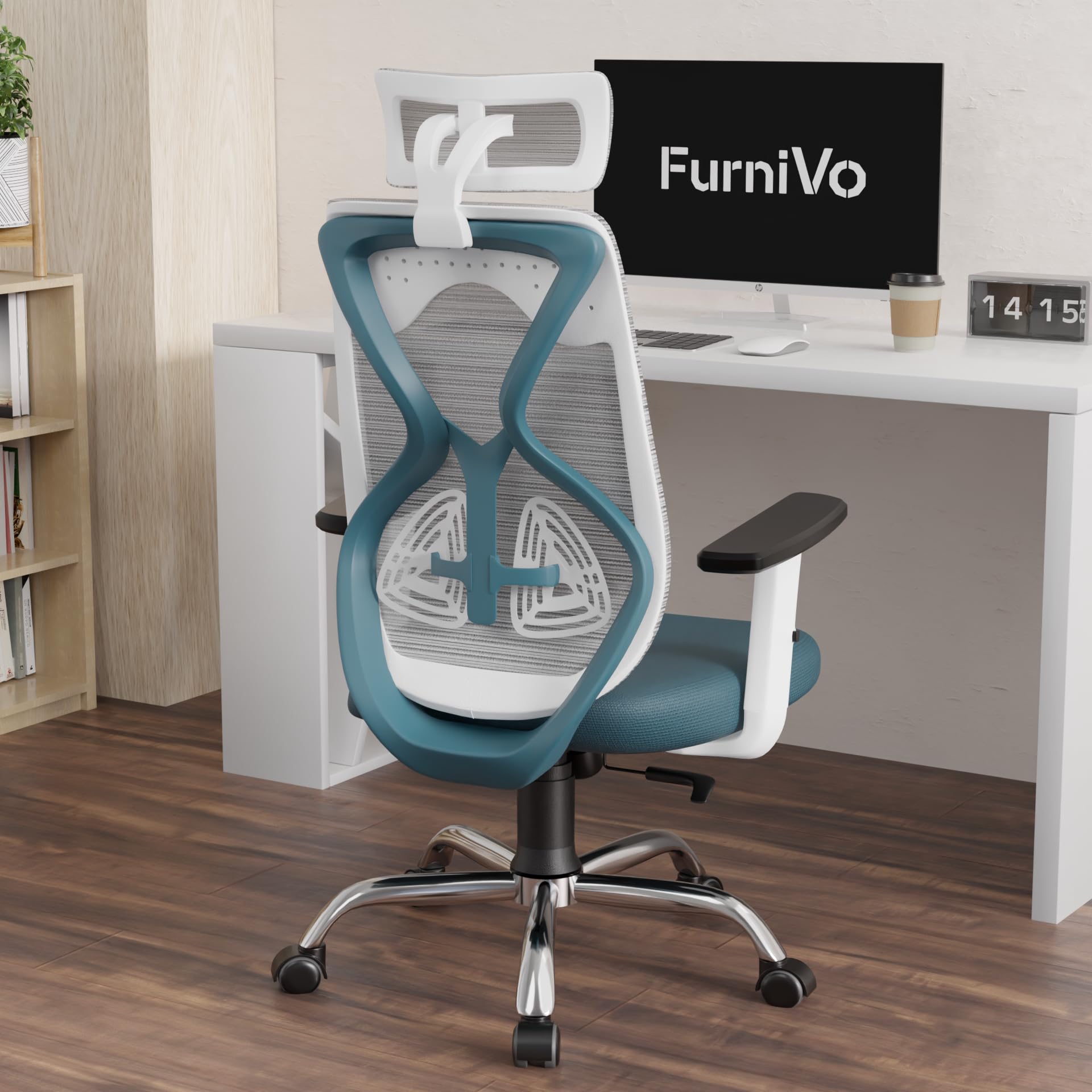Furnivo Titan Ergonomic Office Chair for Home & Office | Adjustable Armrests | 120 Recline | Lumbar Support | Thick Cushioned Seat | Heavy-Duty Base| 3 Years Warranty (White Blue)