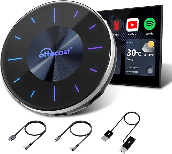 OTTOCAST P3 CarPlay AI Box - 2025 Android 12.0 CarPlay Video Adapter Wireless CarPlay Android Auto Dongle Support HDMI Output, Watch YouTube Netflix Disney+ Tiktok etc on Car Screen