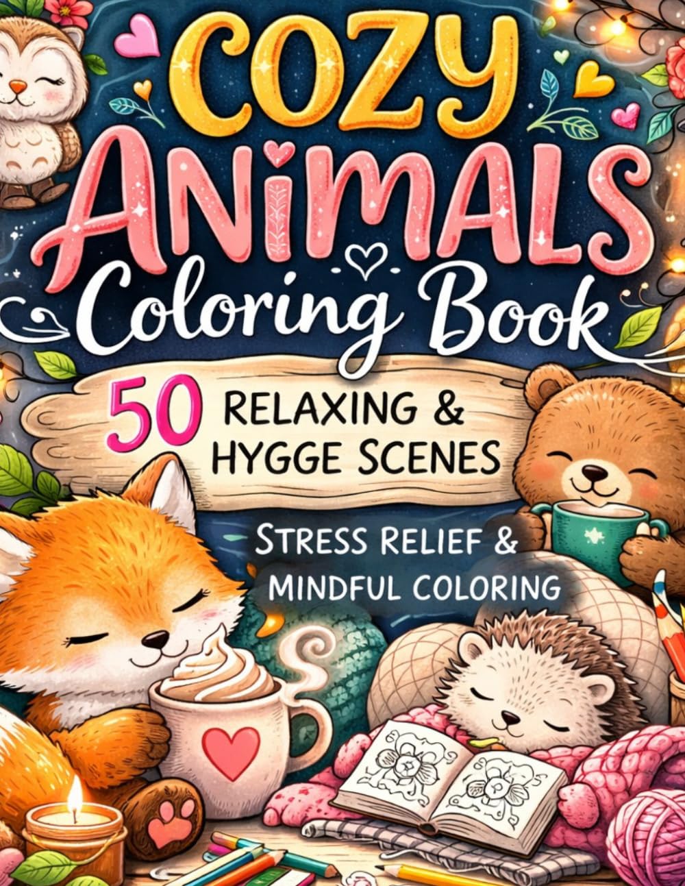 Cozy Animals Coloring Book: 50 Relaxing & Hygge Scenes for Stress Relief and Mindful Coloring