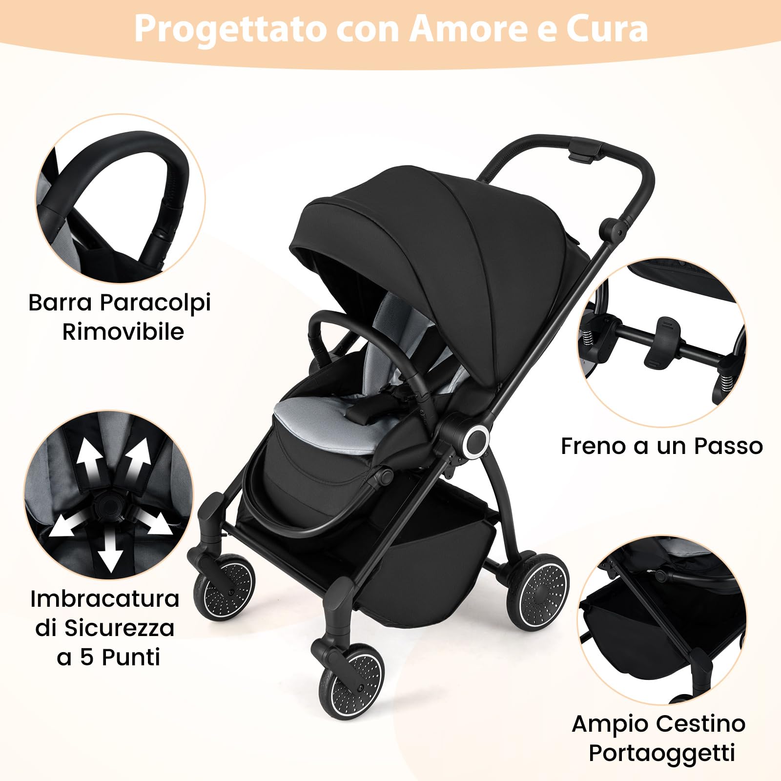 RELAX4LIFE Passeggino Leggero e Reversibile per Bambini 0-3 Anni, con Seduta Fronte Mamma e Strada, Schienale Regolabile, Ruote Ammortizzate, Cestello 36L, Portata 30kg, Omologato CE (NERO)