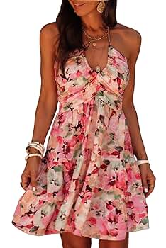 Pink Floral Sleeveless Halter Neck Shirred Back Ruffled Mini