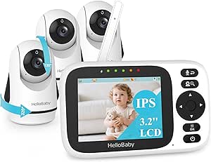 HelloBaby 3.2'' Baby Monitor 3 Cameras, Video Audio Baby Monitor No WiFi, Remote Pan-Tilt-Zoom, ECO, Night Vision, 2-Way Talk, 1000ft Range, 8 Lullabies and Temperature, Gifts for Parents and Babies asin的图片