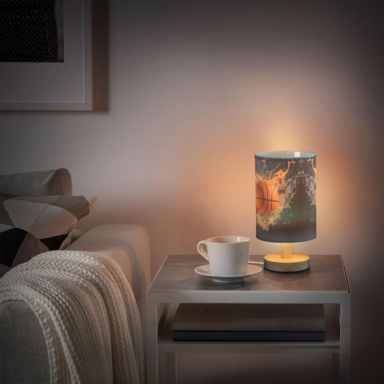 Table Lamp Fire Basketball in Water Nightstand Lamp with Wood Base Fabric Lamp Shade Bedside Desk Lamp for Living Room Bedroom Kids Room Office