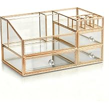 Glass Makeup Organizer with 3 Drawers, 12.4" Gold Cosmetic Bathroom Vanity | Crystal Knobs, Dustproof Design, Multi-Size Compartments, Holds Skincare Lipstick Brushes Jewelry, Bedroom Dresser Counter