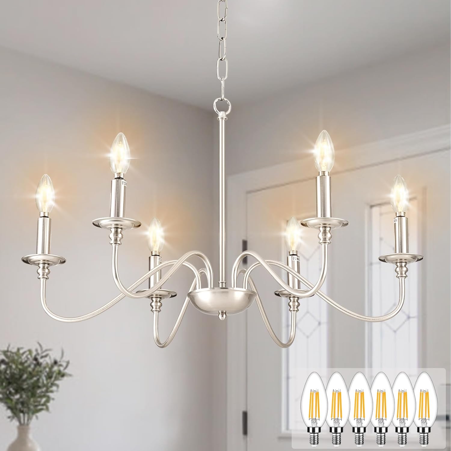 Depuley Modern Chandelier for Dining Room: 6-Light Brushed Nickel Farmhouse Hanging Ceiling Pendant Light Fixture Fixture for Kitchen Island - Industrial Vintage Candle Chandeliers for Living Room