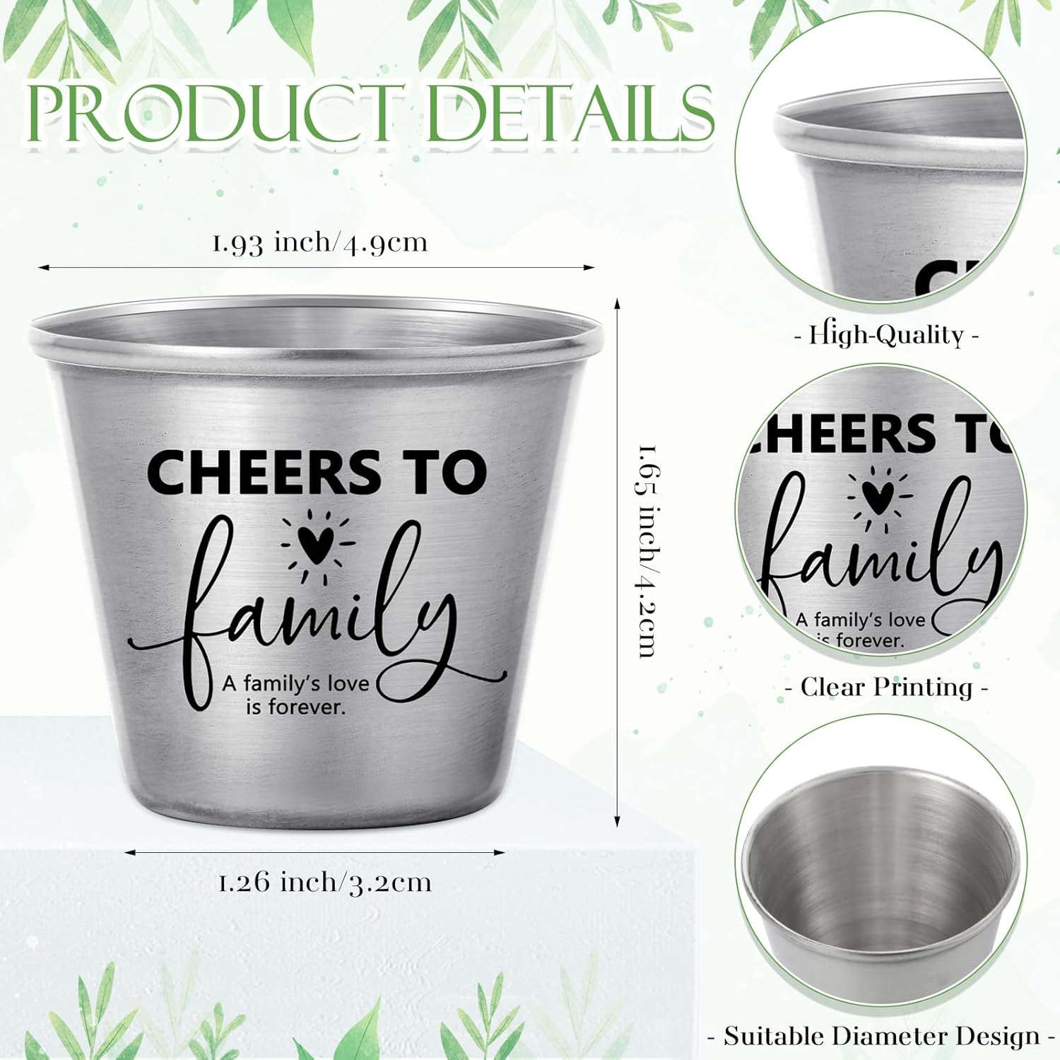 Roshtia Family Reunion Gifts Favors Cheers to Family 1.5 oz Stainless Steel Short Wine Glasses with Card and Organza Bags Gathering Party Supplies(60 Sets)