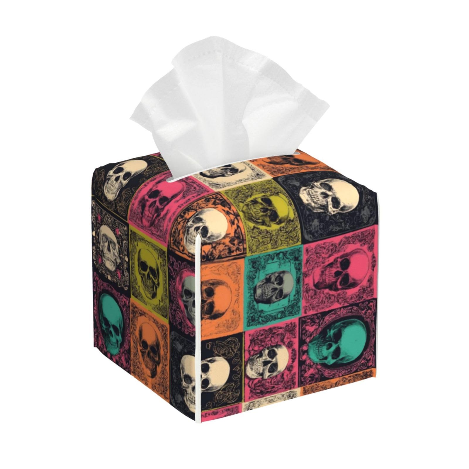 Colorful Skull Grid Print Tissue Box Cover Holder Square, Foldable Modern Cube Tissue Box Cover, Leather Decorative Organizer for Tabletop Bathroom Car Office Desk Decor