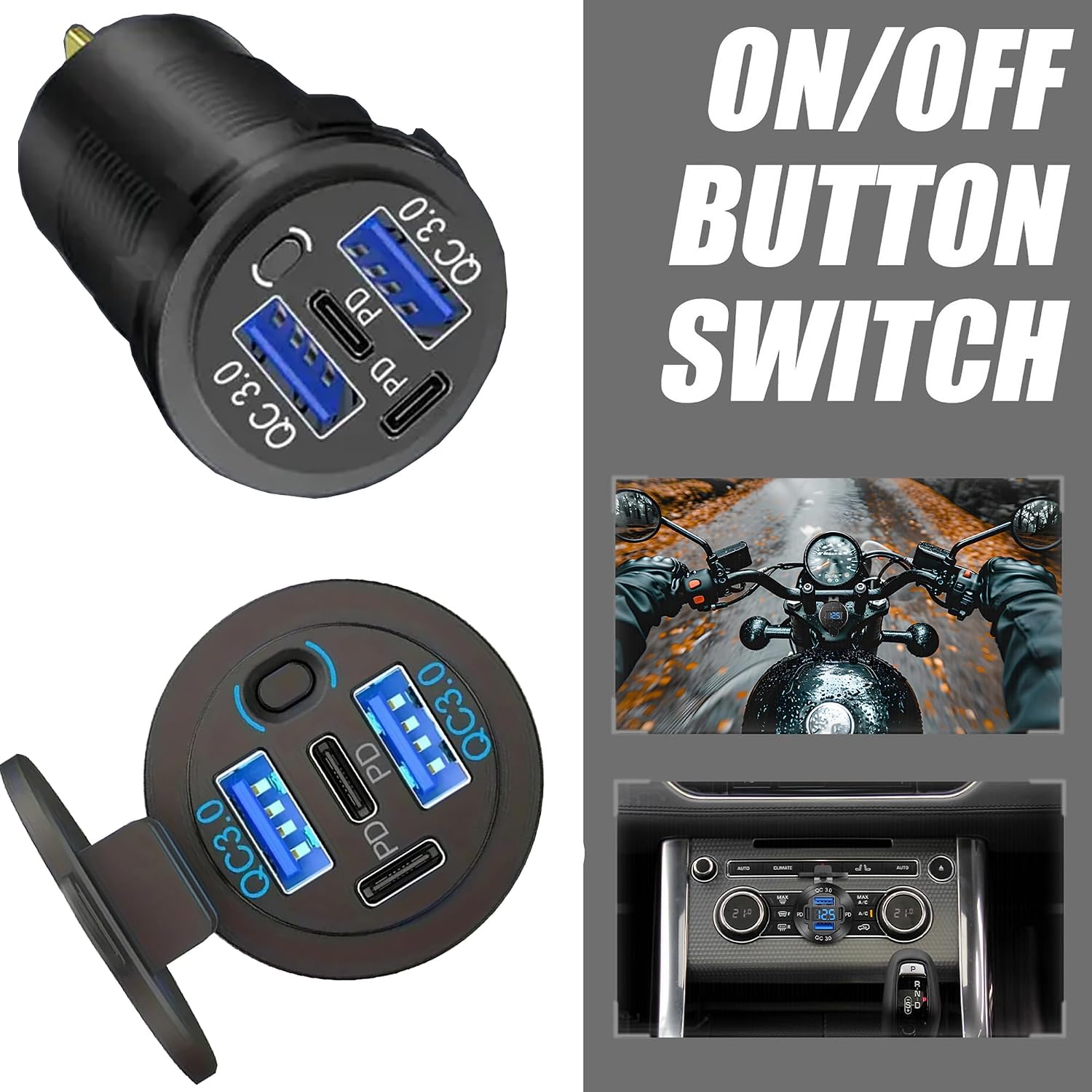 12V USB Charger with 4 Ports, Quick Charge 3.0 Ports 12V USB Outlet with Switch for Marine, Boat, Motorcycle, RV, Golf Cart (Pack of one)