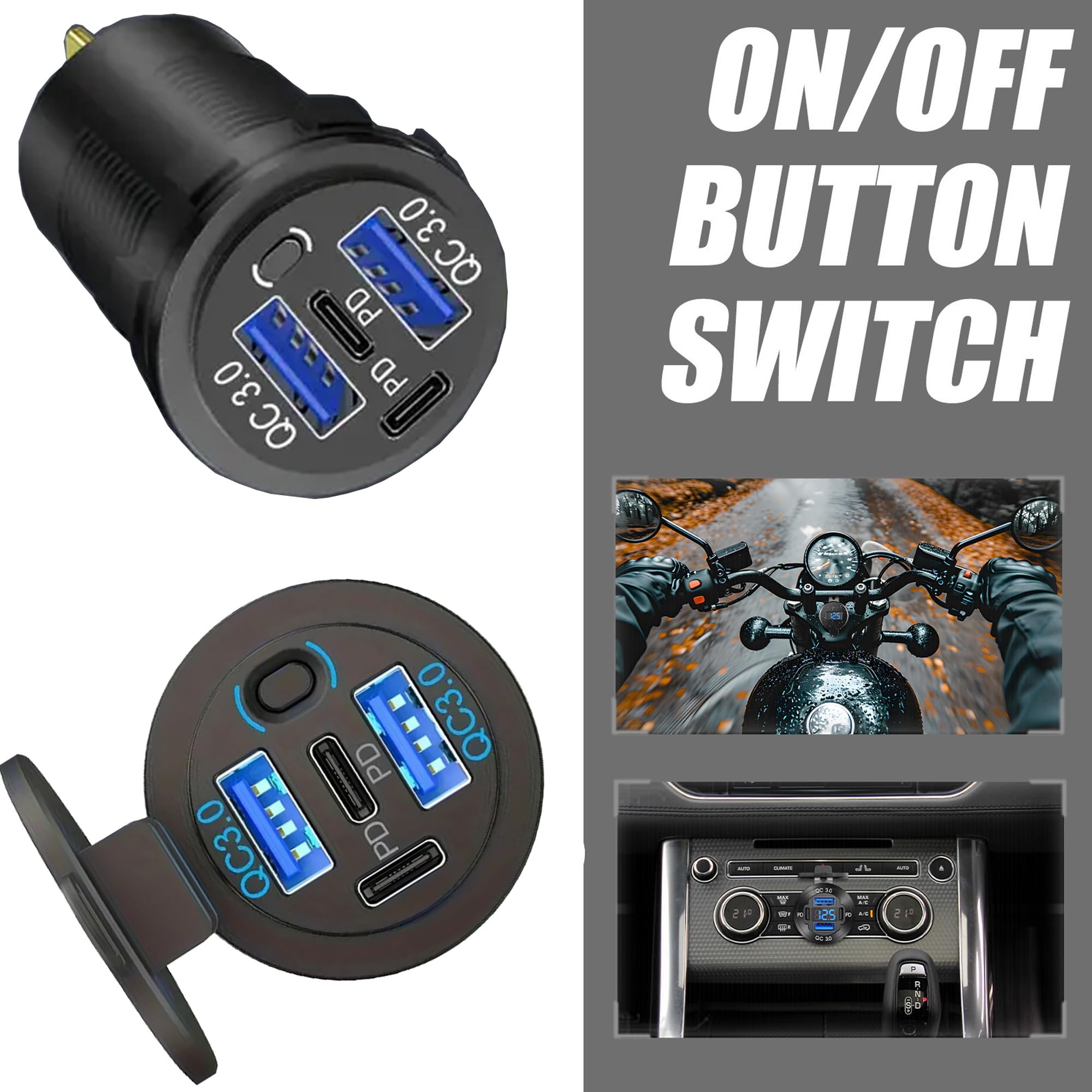 12 V USB-Ladegerät mit 4 Anschlüssen, schnelles Aufladen, 3.0 Anschlüsse, 12 V, mit Schalter für Marine, Boot, Motorrad, Wohnmobil, Golfwagen (eine Packung)