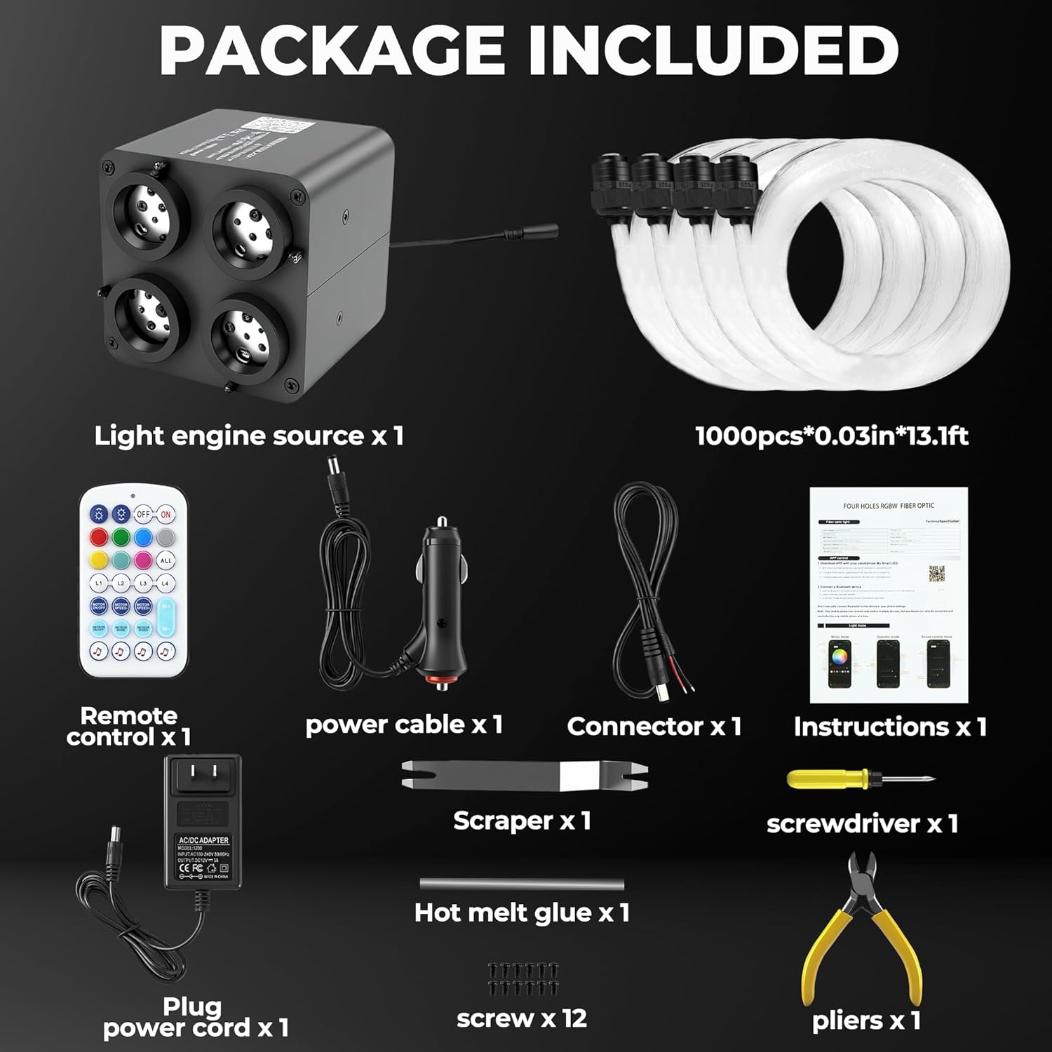 1000PCS 32W Starlight Headliner Kit,4 Light Colors Twinkle Fiber Optic Star Ceiling Lights,0.03in*13.1ft/4m, App/Remote Control Rgbw Shooting Star Headliner Kit Car Roof Home Ceiling