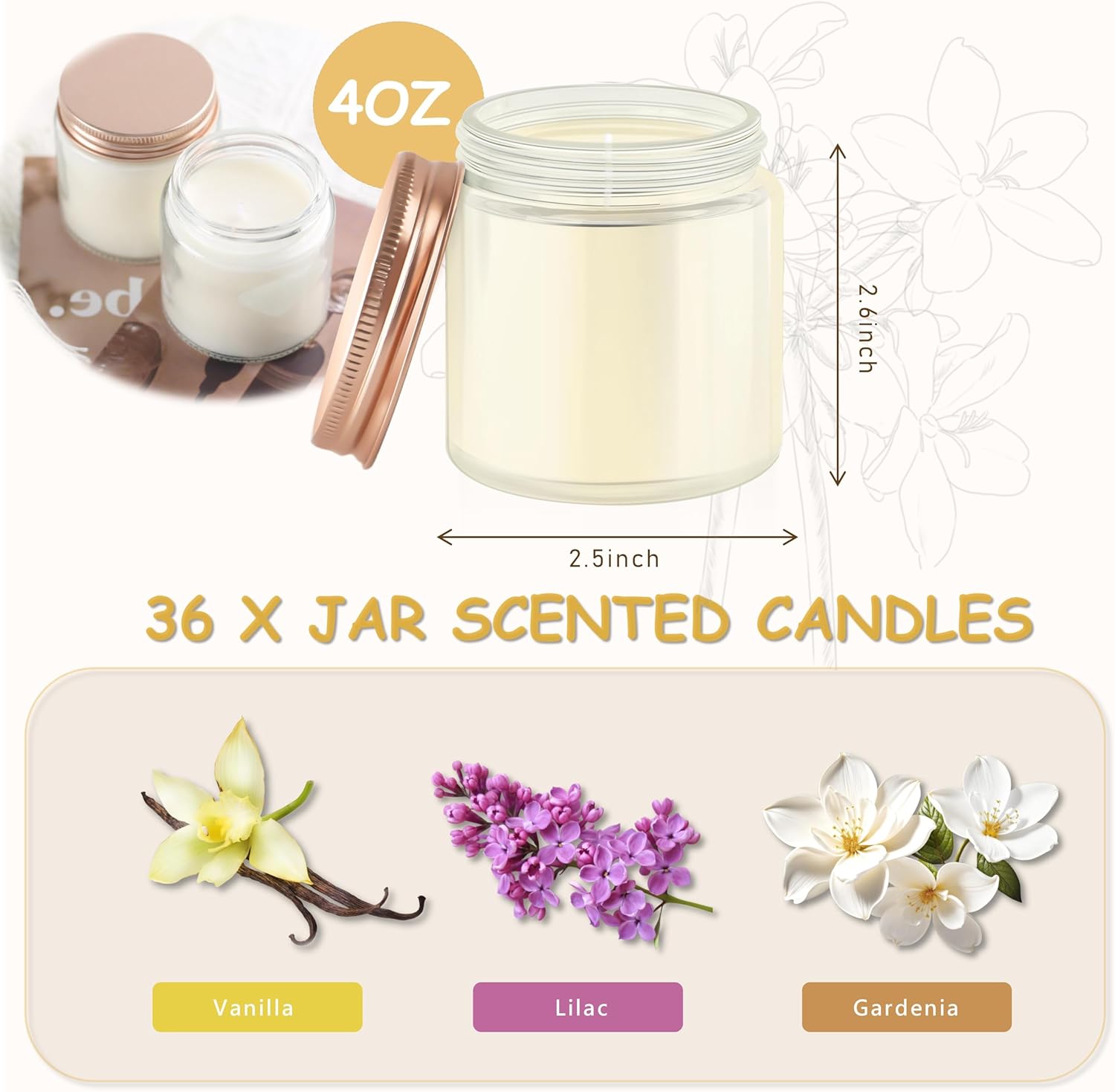 acithgl 36 pcs 4oz mini mason jar candles small scented candles bulk aromatherapy ideal souvenir favors for wedding birthday party (vanilla, lilac, gardenia, pink) pink vanilla, lilac, gardenia