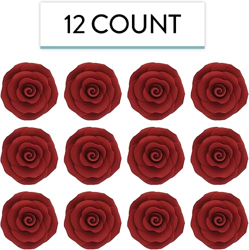 Miniatura 3 de Global Sugar Art Rose - Flores de pastel de azúcar premium, color rojo, grande de 2 pulgadas sin alambre, 12 unidades