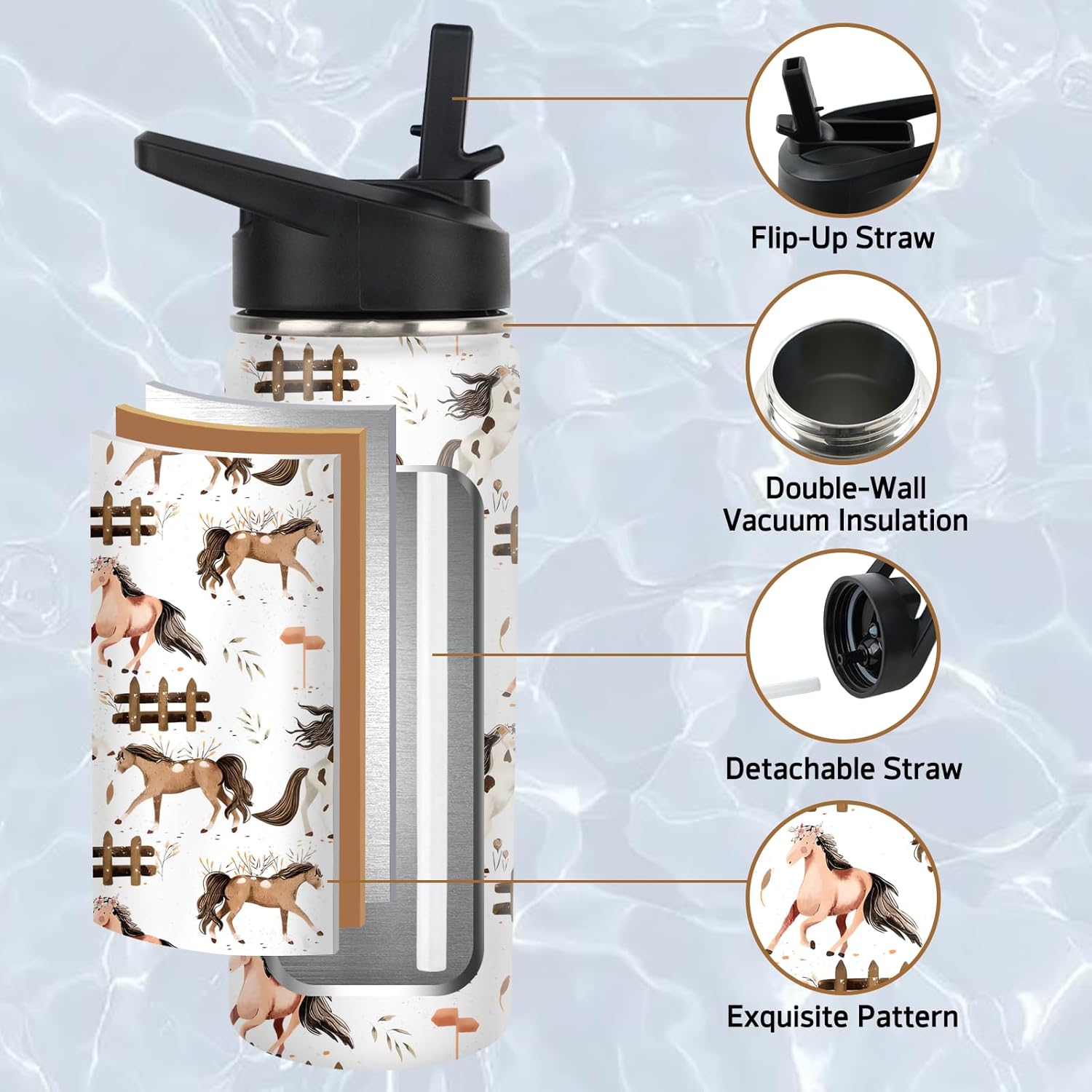 Horse Water Bottles with Straw, 18 Oz Insulated Stainless Steel Tumbler Cup Mug Horse Gifts for Women Girls Horse Lovers - Image 5