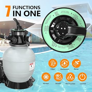 VINGLI (24H Timer) 12 in Sand Filter Pump with Filter Balls, 1585 GPH 1/2 HP High Efficiency Pool Pump with 7-Way Valve for Above Ground Swimming Pools Up to 8000 Gallons