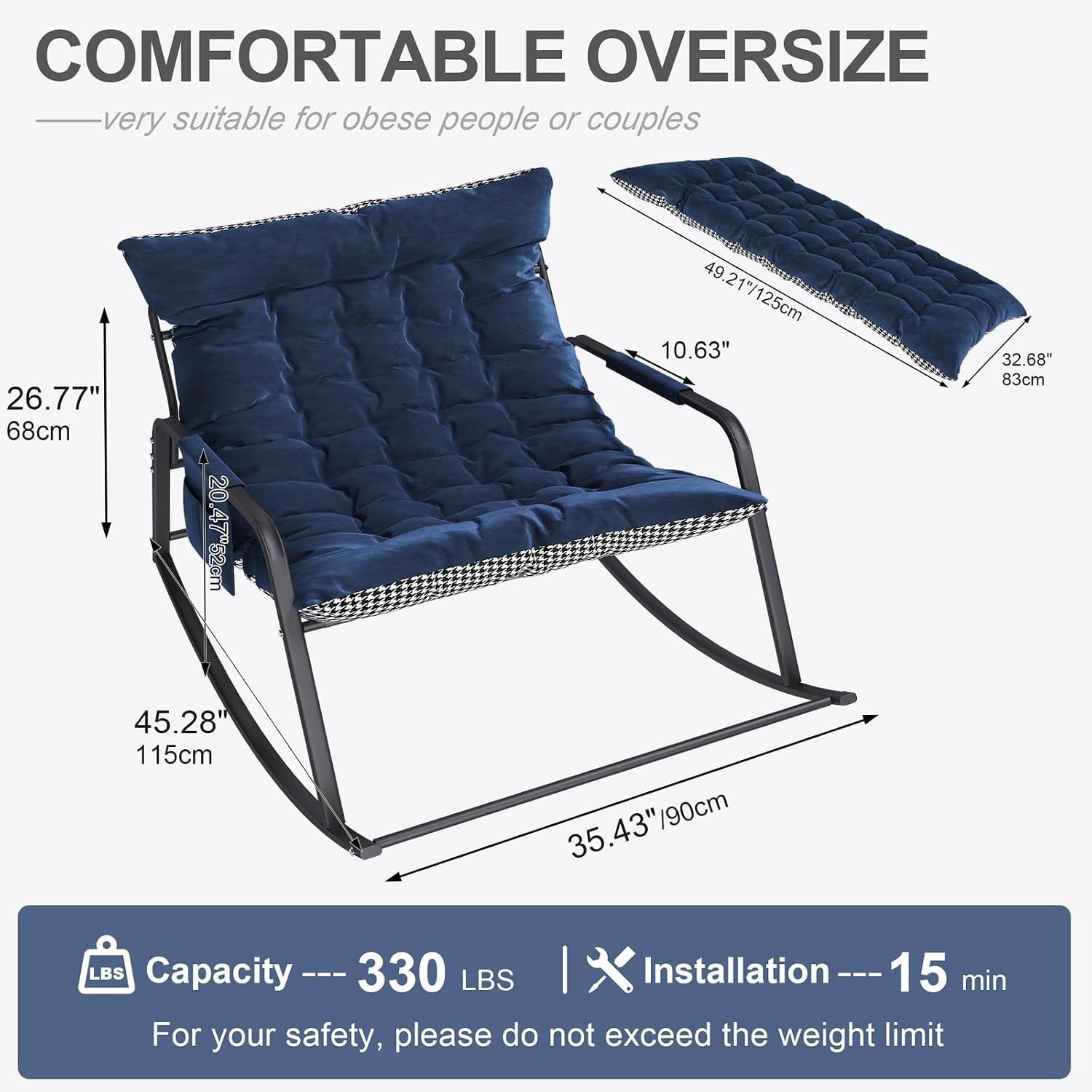 Majnesvon Rocking Chair with Side Pockets, Comfort Lounge Recliner with Soft Thick Cushions & Armrests, for Bedroom, Living Room, Patio, Garden, Balcony (Blue)