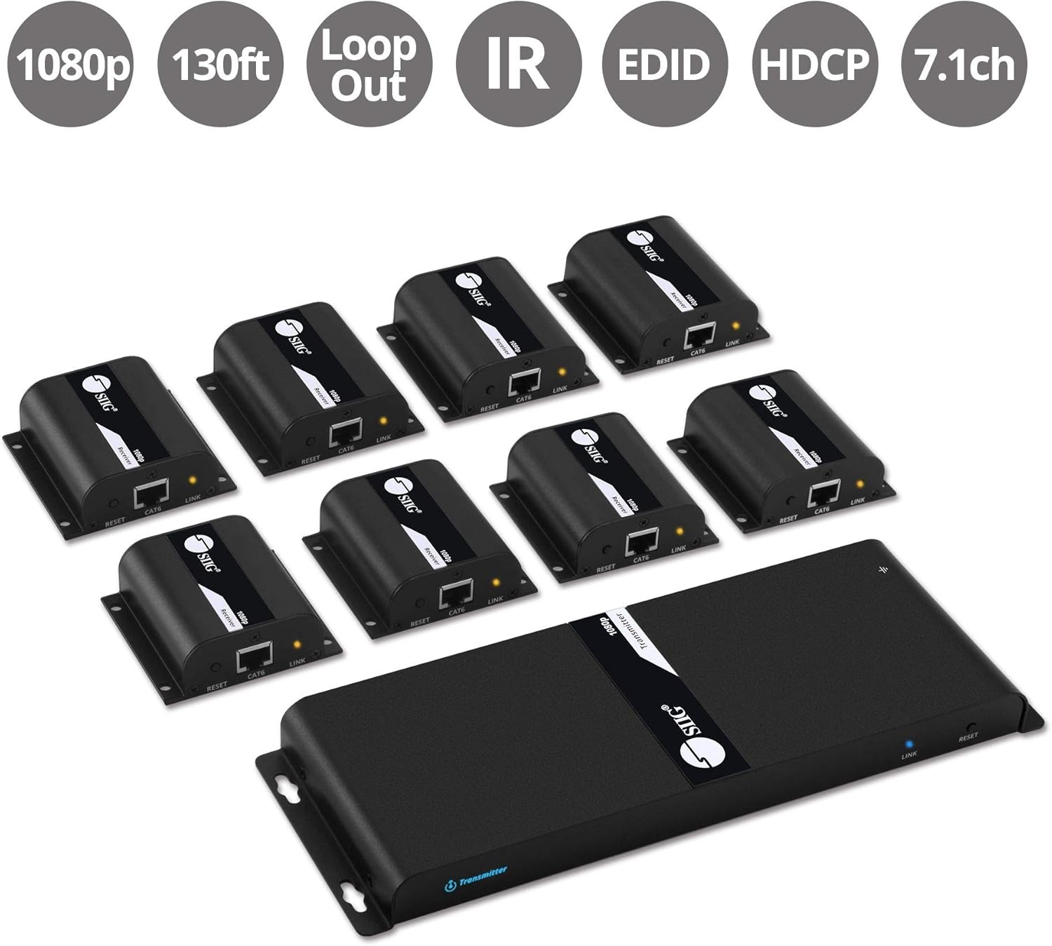 SIIG 1080p HDMI Extender Splitter Over CAT5e/6 Ethernet 1 in 8 Out 130ft - 8 Port Extender, IR Extension and EDID Pass-Through (CE-H24811-S1)