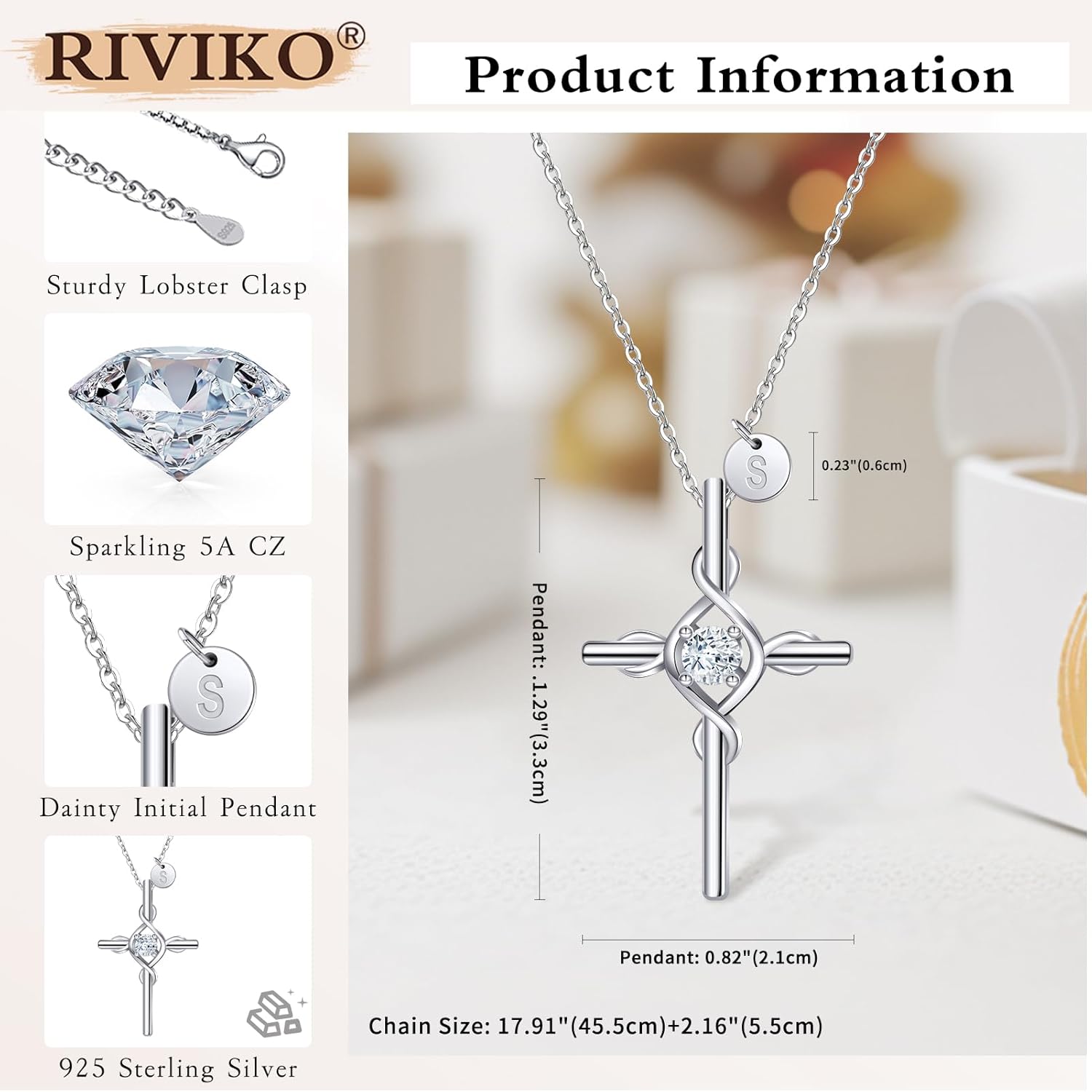 RIVIKO Cross Pendant Initial Necklace for Women,925 Sterling Silver Dainty Letter Necklaces,Alphabet Name Personalized Jewelry Valentines Anniversary Christmas Birthday Gifts for Women Her Mom Wife - Image 5