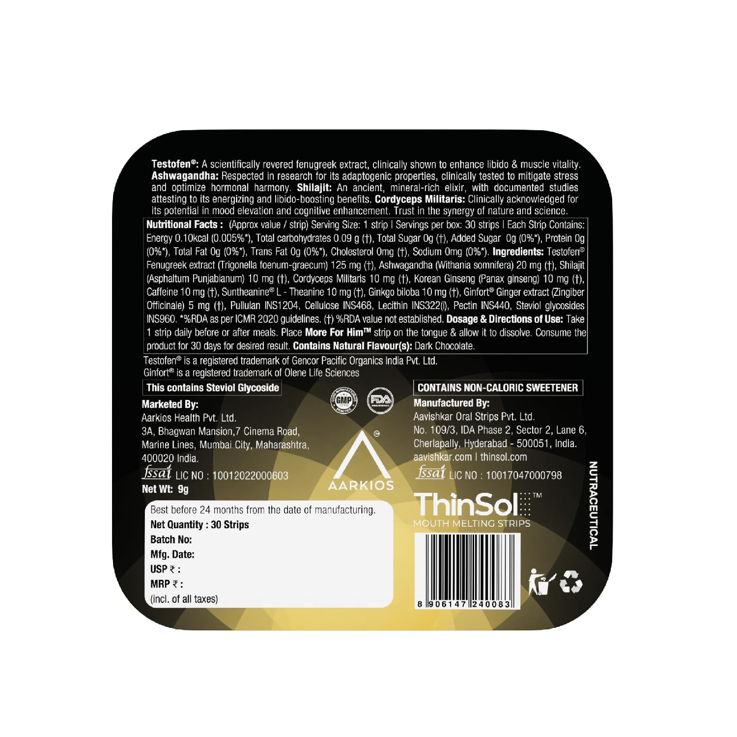 AARKIOS More For Him Testo Power with Testofen, Himalayan Shilajit, Ginkgo Biloba & Ashwagandha | Plant-Based Supplement for Men | Supports Vitality, Stamina & Energy | 30 Oral Strips