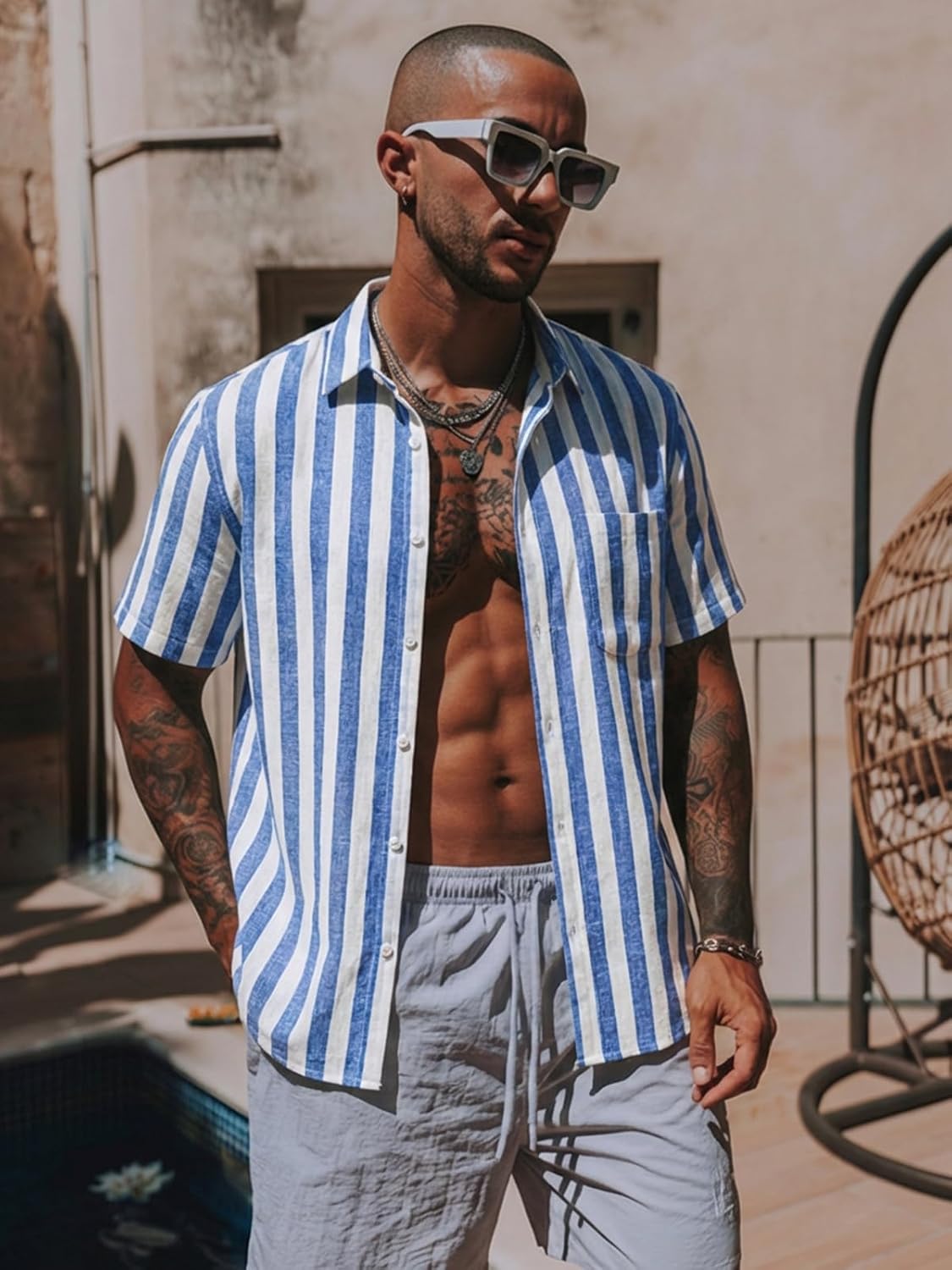 Runcati Mens Striped Button Down Shirts Casual Short Sleeve Linen Shirt Summer Beach Vacation Tops - Image 2