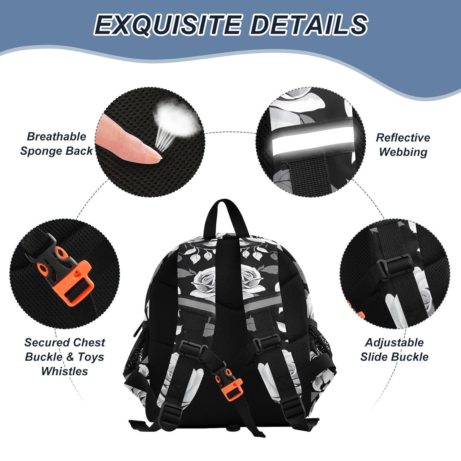 White Rose Black Toddler Harness Backpack for Boys Girls 3-6 Years Kids Backpack with Anti Lost Safety Leash Baby Travel Bag for Travel Preschool Walking