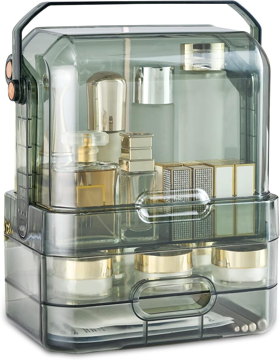 Ergocar Portable Transparent Light Luxury Series Multi-Function Make Up Case Dustproof Cosmetic Storage Box,Cosmetics Skin Care Products Jewelry Organizer Case Lipstick Box - Transparent Green