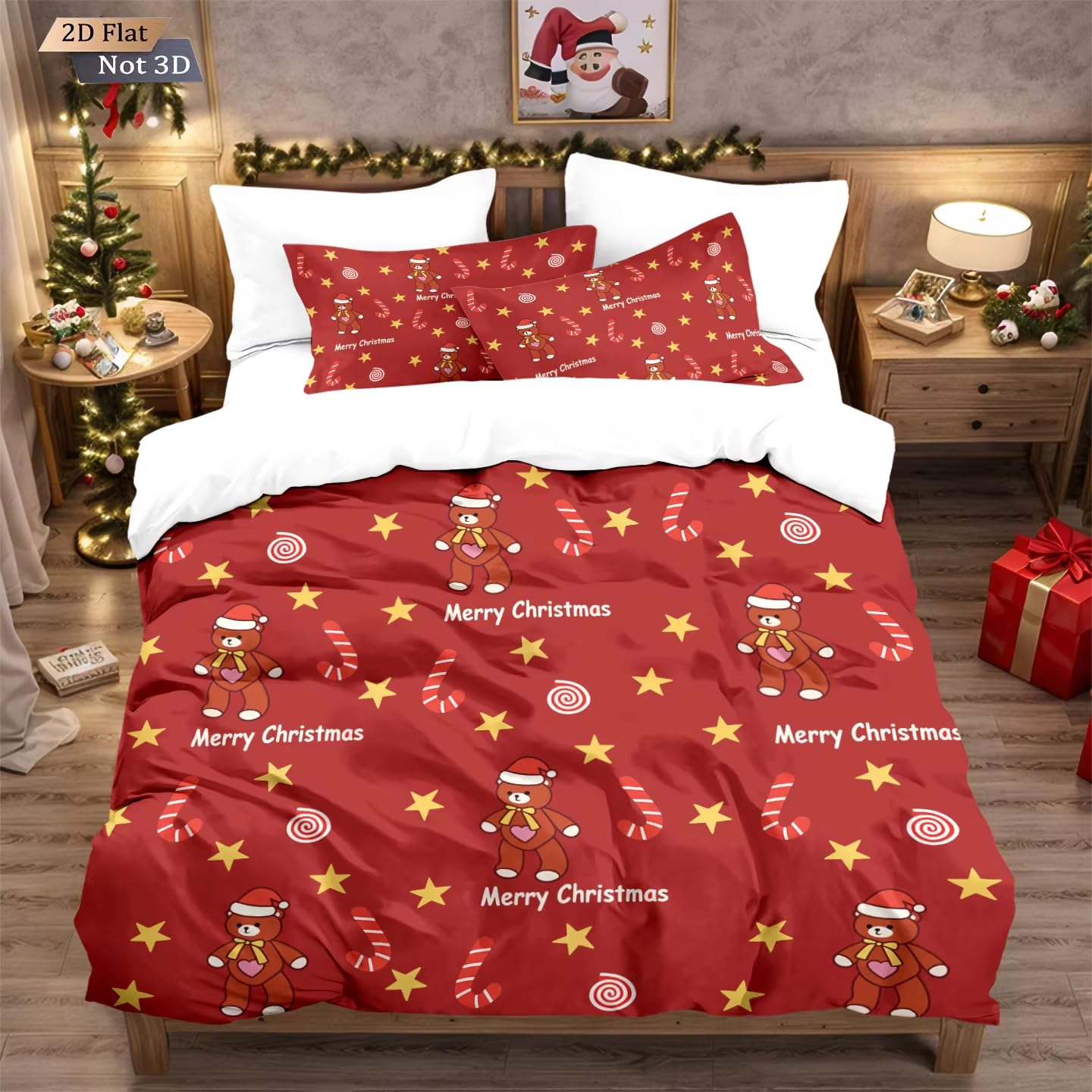 Parure de lit 3 pièces étoiles de Noël housse de couette 210x210 cm avec ses deux taies