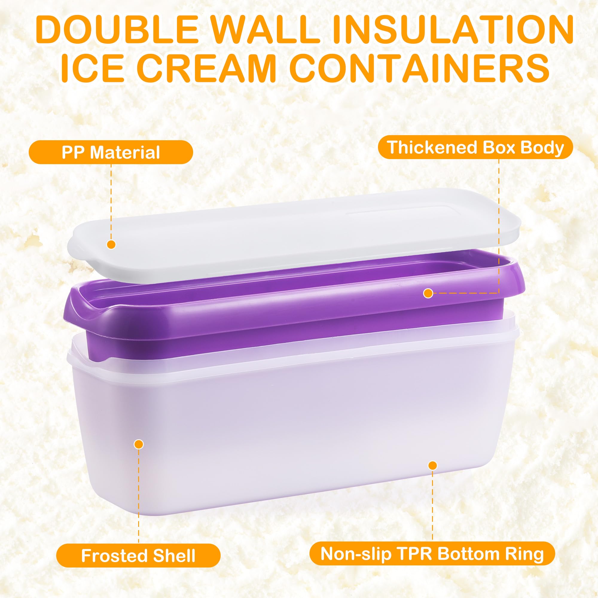Set di 2 contenitori per gelato da 1,5 l, senza BPA, riutilizzabili, con coperchio, impilabili, per yogurt, gelato, dessert, sorbetto