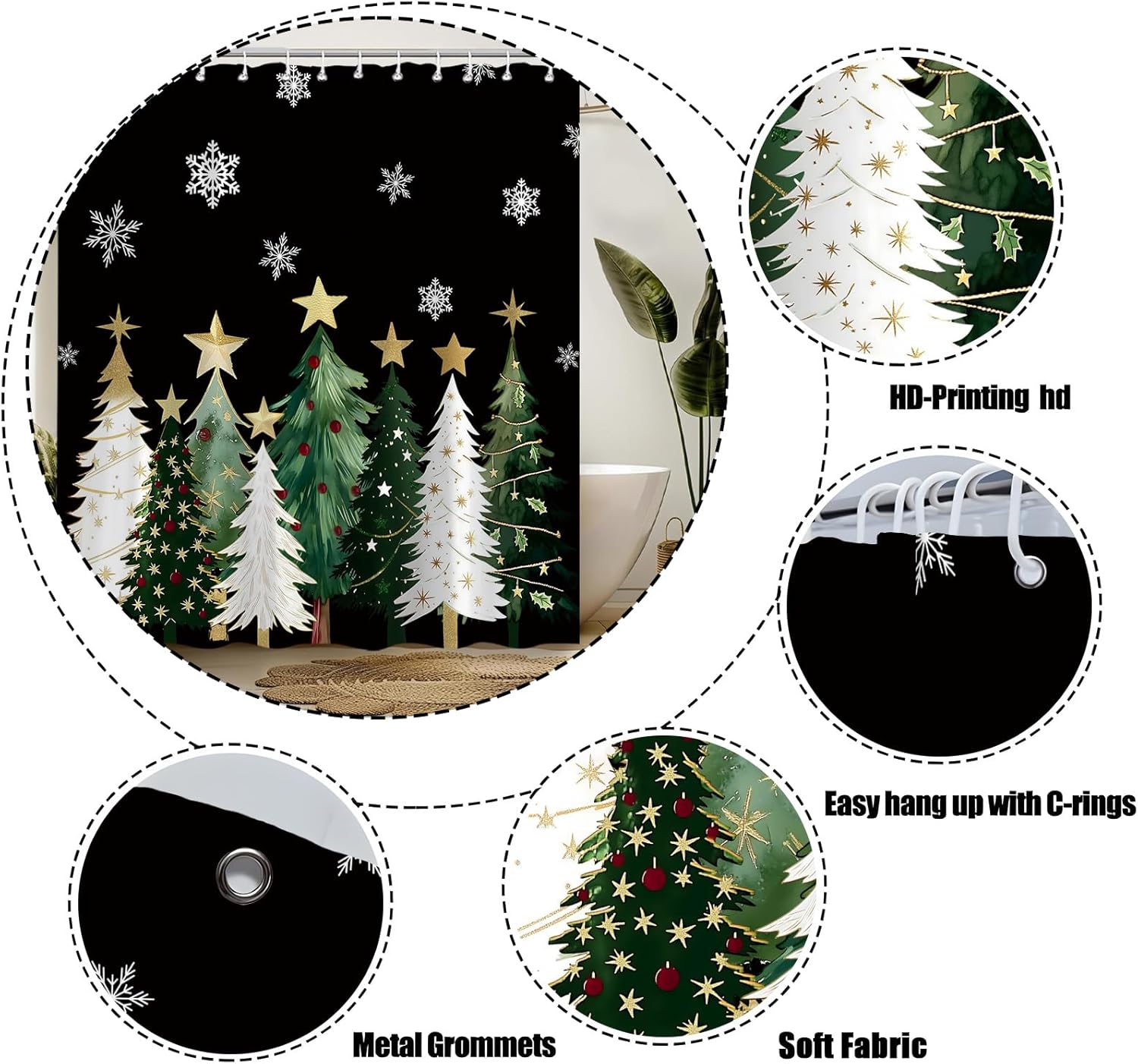 Christmas Tree Shower Curtain Black Rustic Xmas Pine Tree Snowflake Winter Holiday Merry Christmas 70" Wx96 H Bathroom Decor Curtain with Hooks