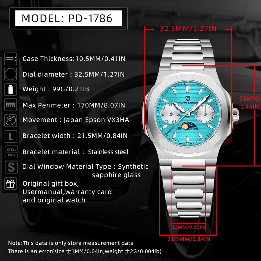 Pagani Design Women's Watch, Stainless Steel, 50 Meter Water Resistant, Quartz, Luxury Women's Watch, Multifunction Luminous, Moon Phase, Automatic Date Display, Day of the Week Reloj para Mujer