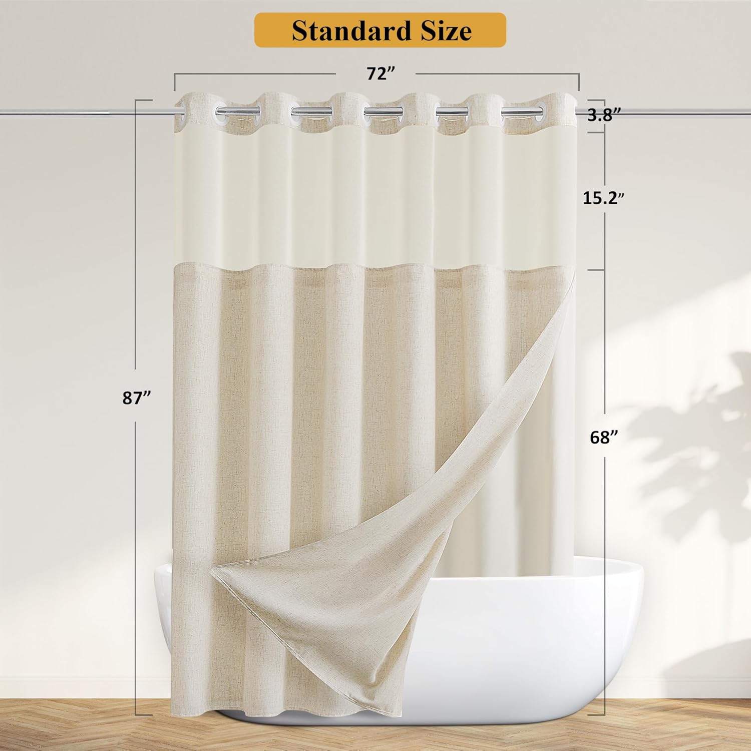 No Hooks Needed Linen Shower Curtain and Liner Set,Beige Hotel Luxury Decor Shower Curtains for Bathroom with See Through Top Window,Water Resistant Fabric,72Wx87L,Cream
