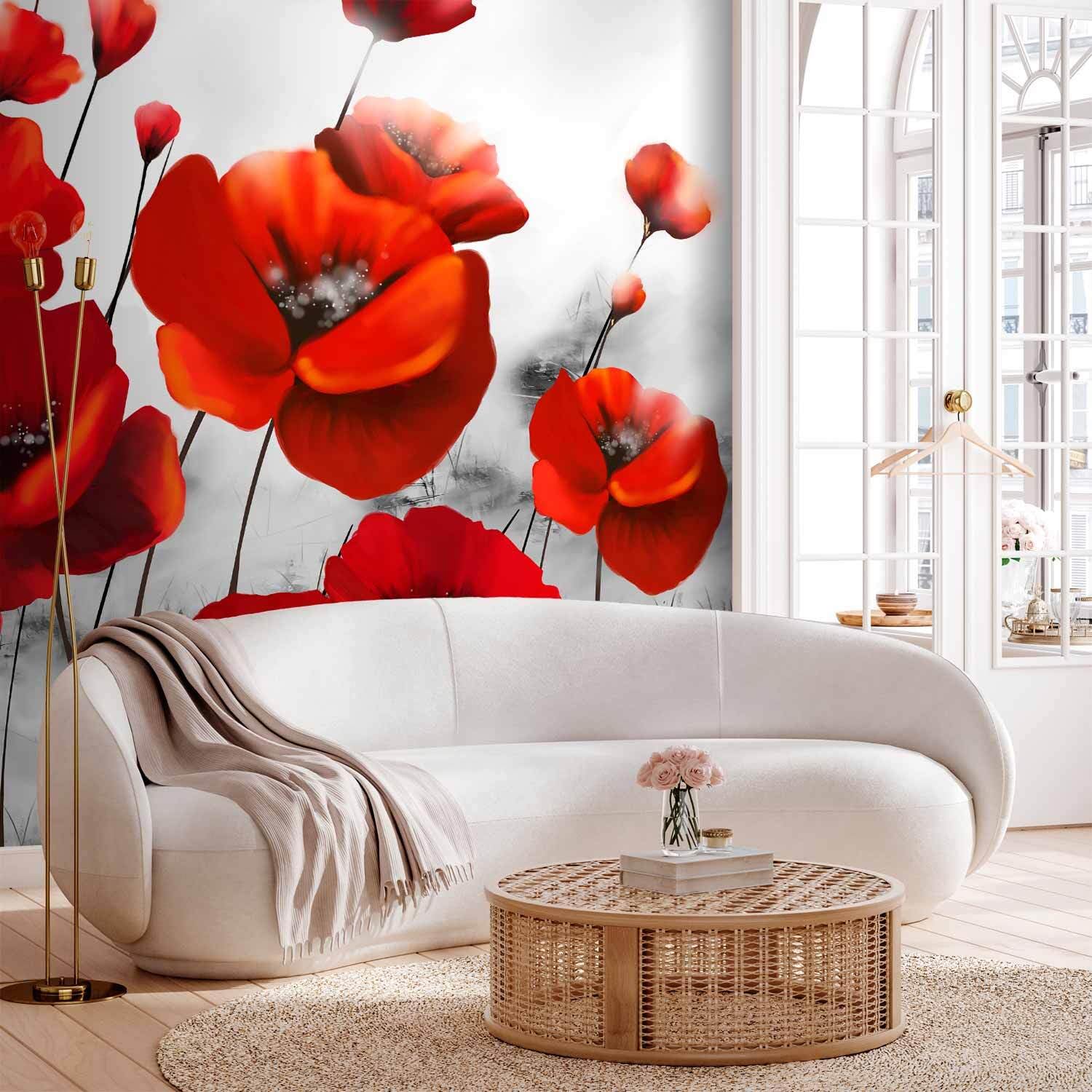 decomonkey Fototapete Mohnblumen, 400x280 cm, XL, Blumem Abstrakt rot | Vlies, Schlafzimmer, Wohnzimmer, Tapete, Fototapeten, Tapeten, Vliestapete, Wandtapete, moderne, Wandbild, Wand