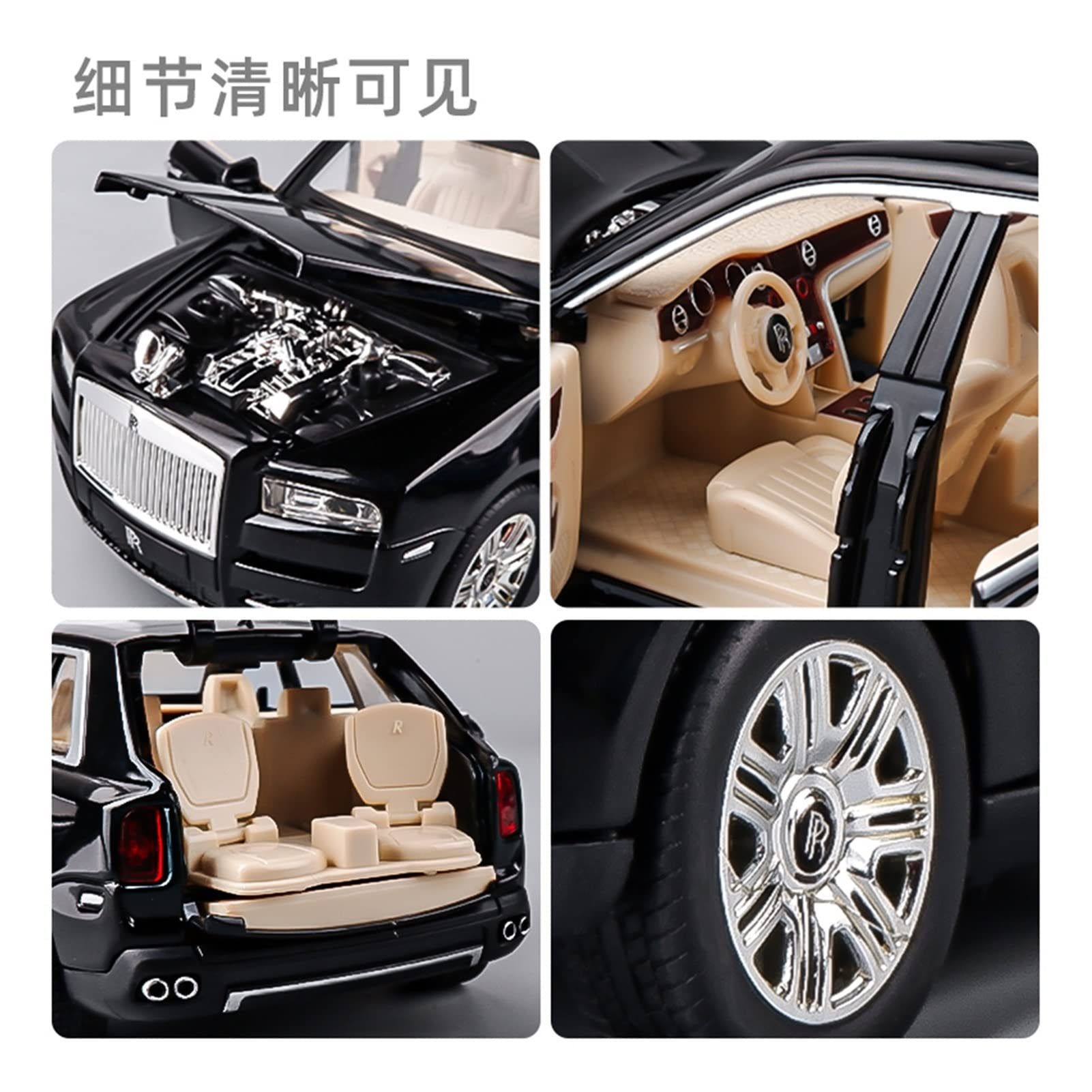 Veicoli a Motore in Scala 1/24 per Rolls Royce Cullinan SUV Simulazione Modello di Auto in Lega Pressofuso Tirare Indietro Veicoli Regali Modello di Auto Replica(Black)