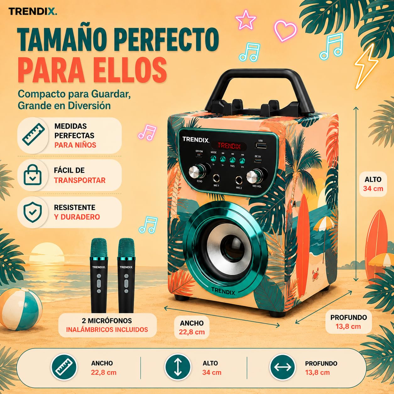 Trendix - Karaoke 2 Microfonos Inalambricos Tropical Vibes | Karaoke Infantil | Altavoz con Microfono | Altavoz Bluetooth con Microfono Y Radio FM | Regalo Comunion Niño | Regalo Niña